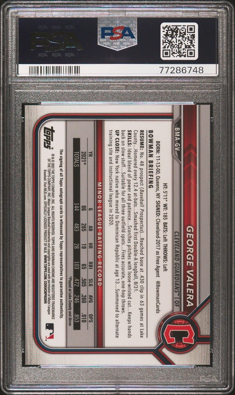 2022 Bowman Mega Box Chrome Autographs Gv George Valera PSA 10