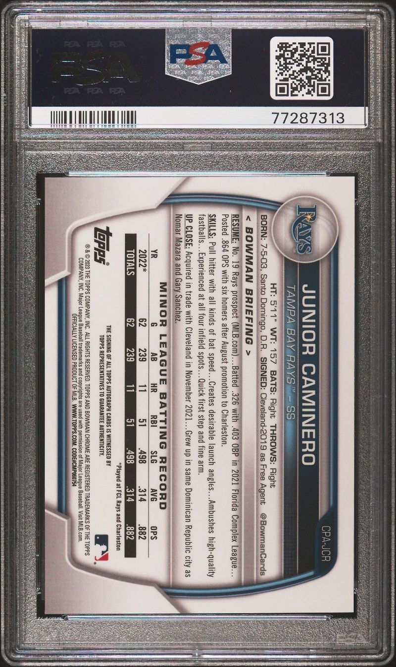 2023 Bowman Chrome Prospect Autographs Cpajcr Junior Caminero PSA 9