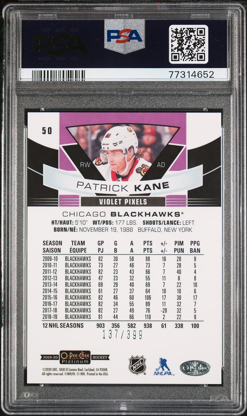 2019 O-pee-chee Platinum 50 Patrick Kane Violet Pixels PSA 10