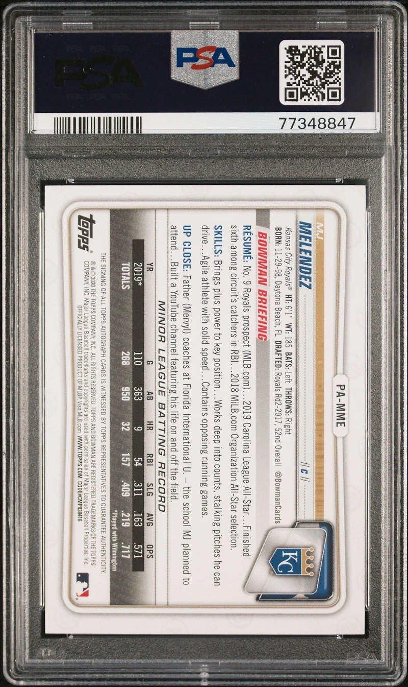 2020 Bowman Paper Prospect Autographs Pamme Mj Melendez PSA 10