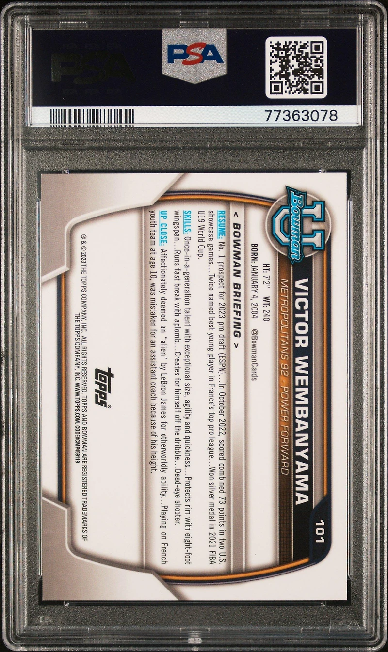 2022 Bowman Chrome University 101 Victor Wembanyama PSA