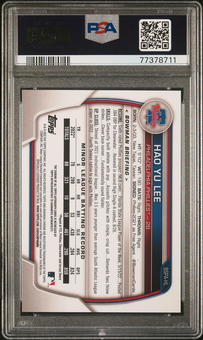 2023 Bowman Sapphire Edition Chrome Prospects Autographs Bspahl Hao Yu Lee PSA 9