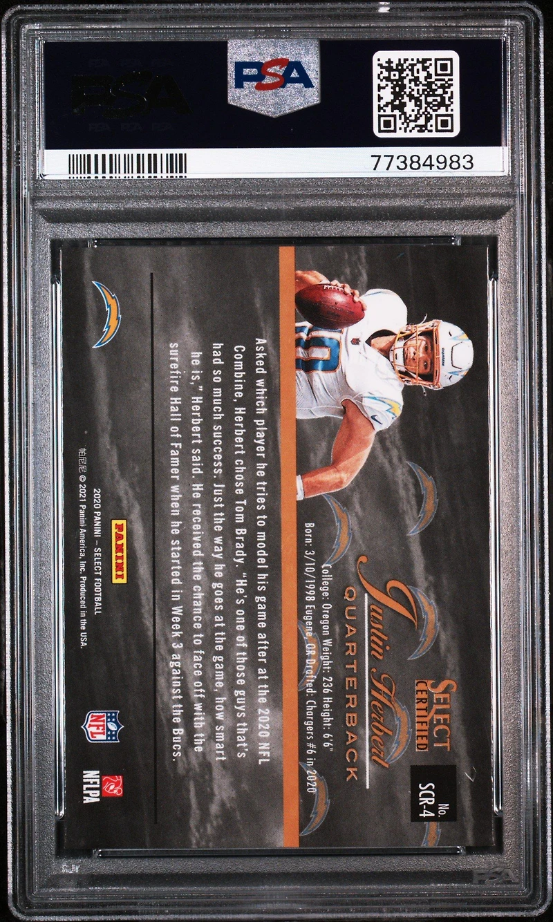 2020 Panini Select Select Certified Rookies Scr4 Justin Herbert PSA 10