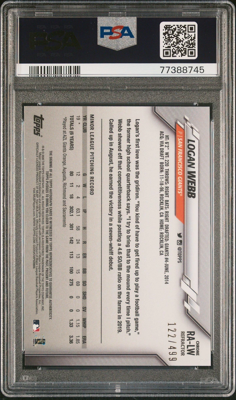 2020 Topps Chrome Rookie Autographs Ralw Logan Webb Refractor PSA 10