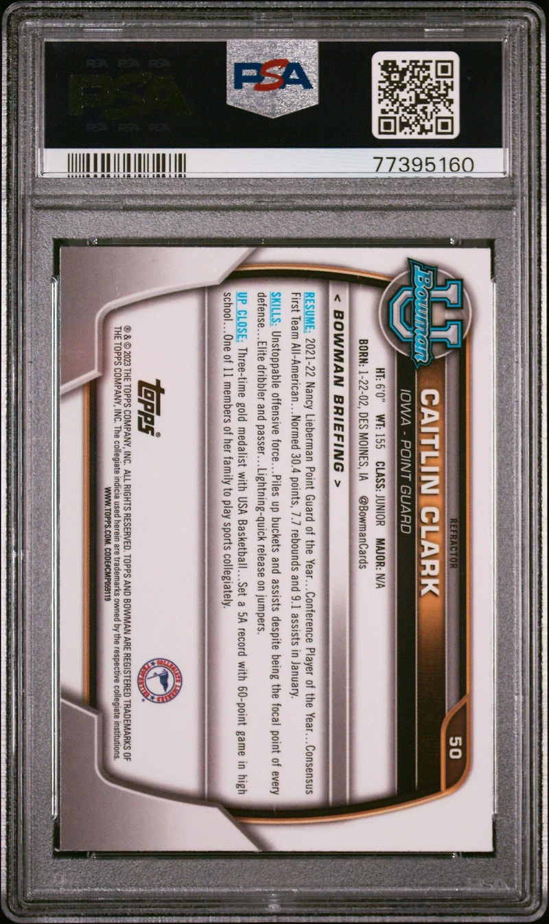 2022 Bowman Chrome University 50 Caitlin Clark PSA