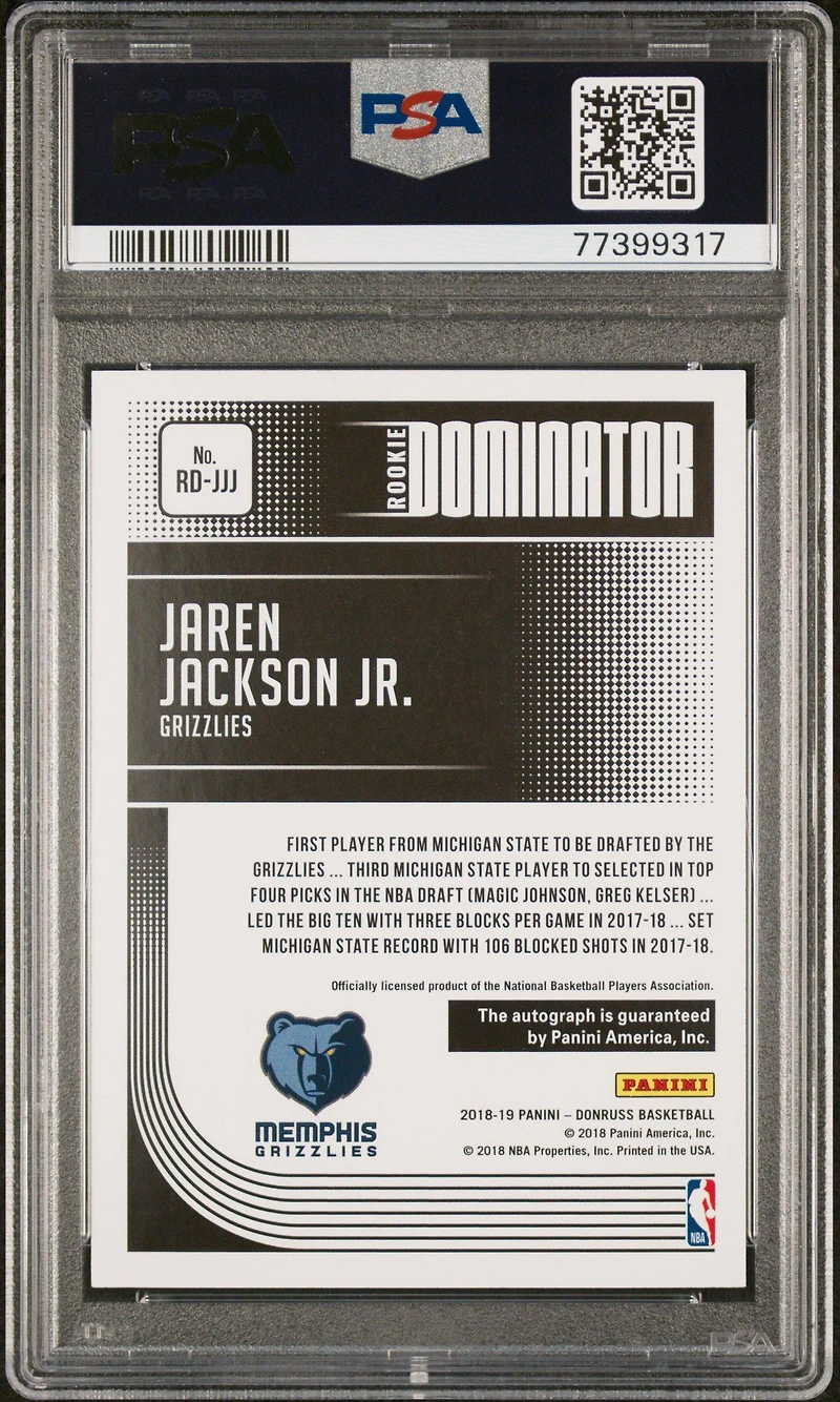 2018 Panini Donruss Rookie Dominator Signatures Jjj Jaren Jackson Jr. PSA 10