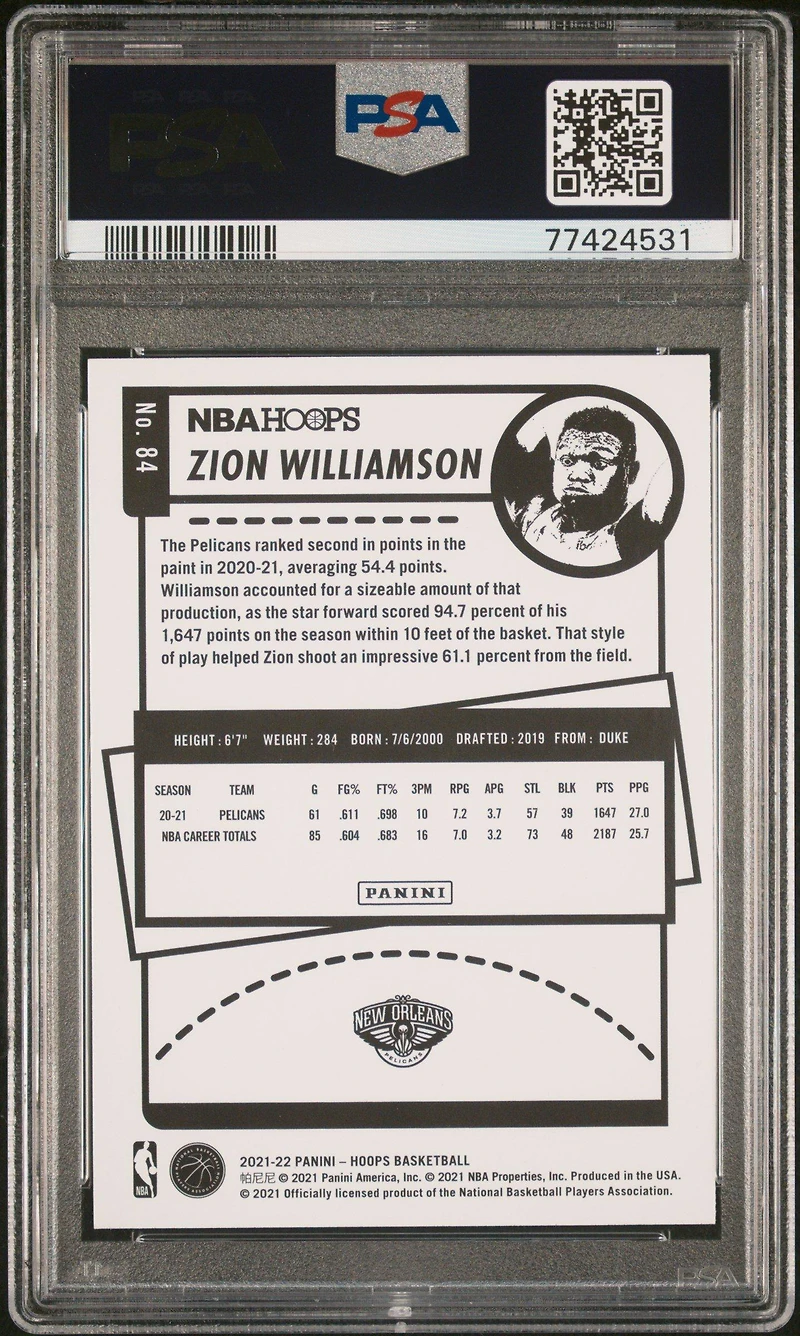 2021 Panini Nba Hoops 84 Zion Williamson PSA 10