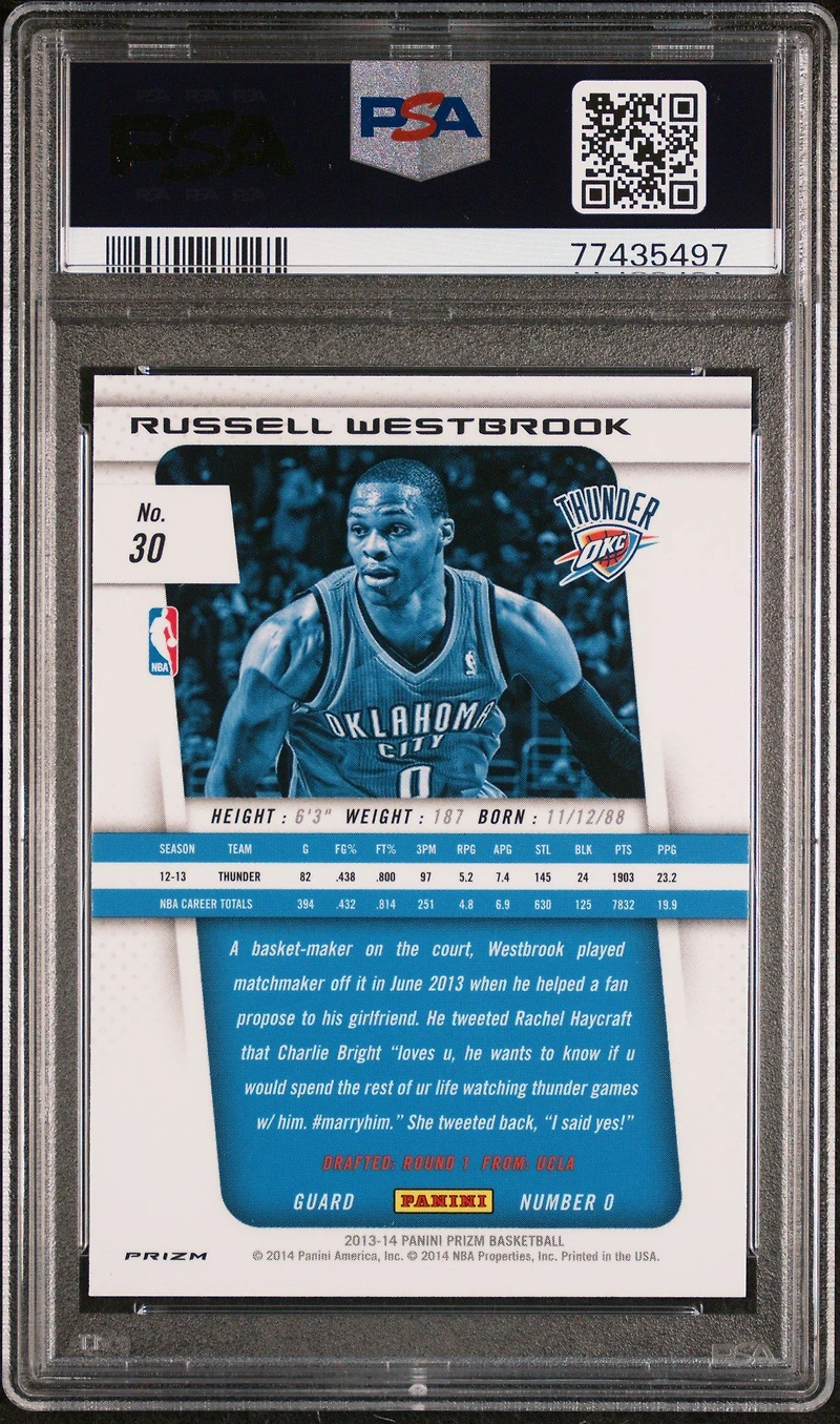 2013 Panini Prizm Monster Box Red, White, & Blue Prizm 30 Russell Westbrook PSA 10