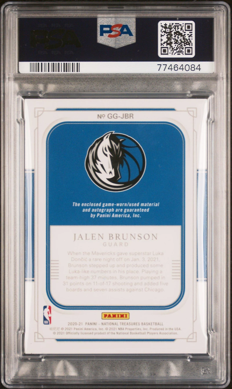 2020 Panini National Treasures Game Gear Autographs Jbr Jalen Brunson PSA 9