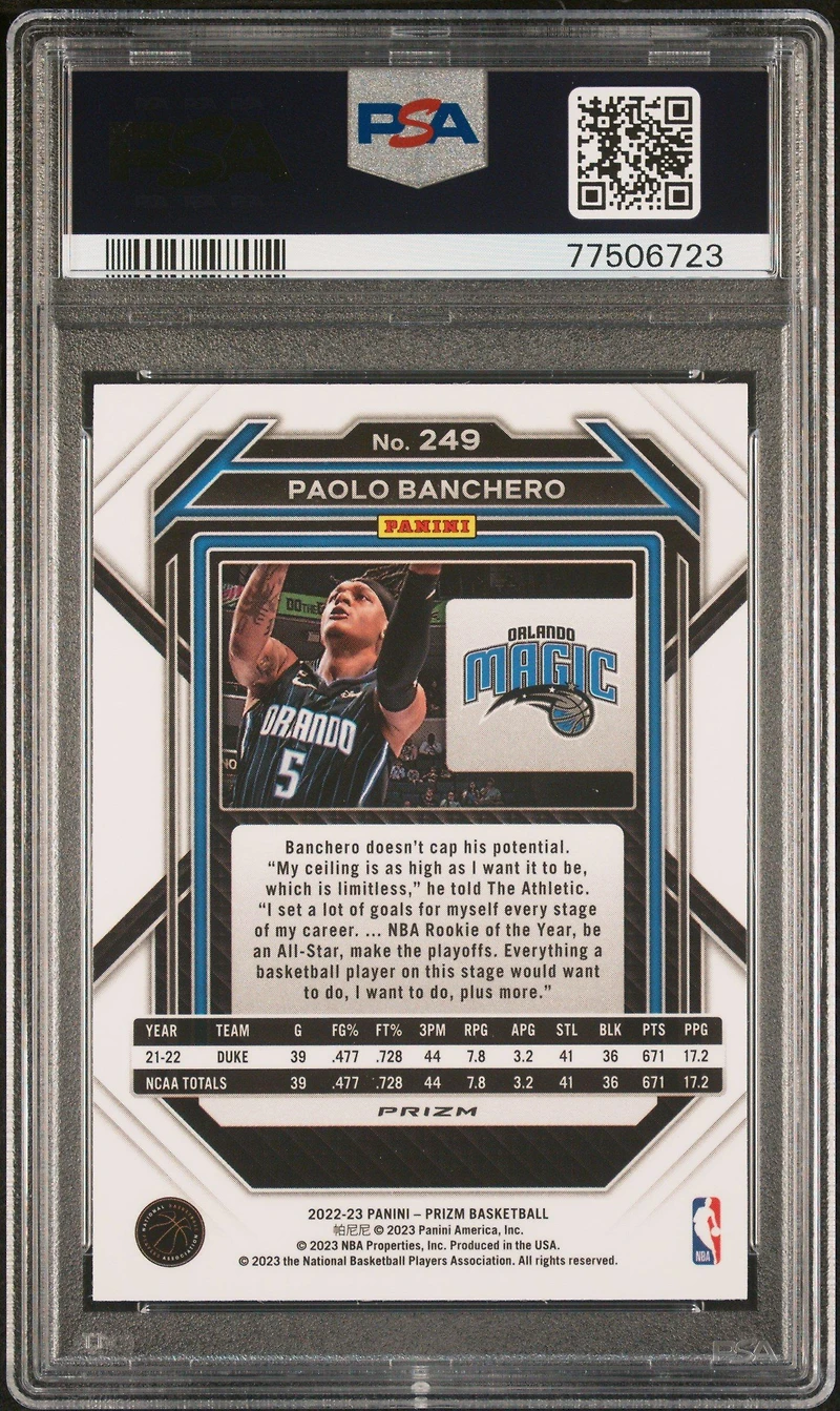 2022 Panini Prizm 249 Paolo Banchero Ice PSA