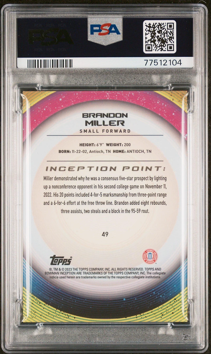2022 Bowman University Inception 49 Brandon Miller PSA 10