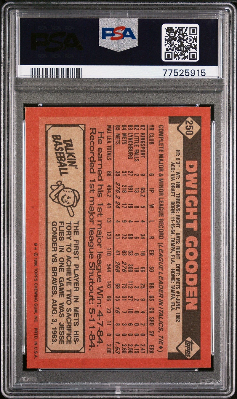 1986 Topps 250 Dwight Gooden PSA 8