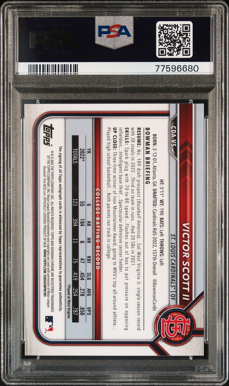2022 Bowman Draft Chrome Draft Pick Autographs Cdavs Victor Scott Ii Black Refractor PSA 10