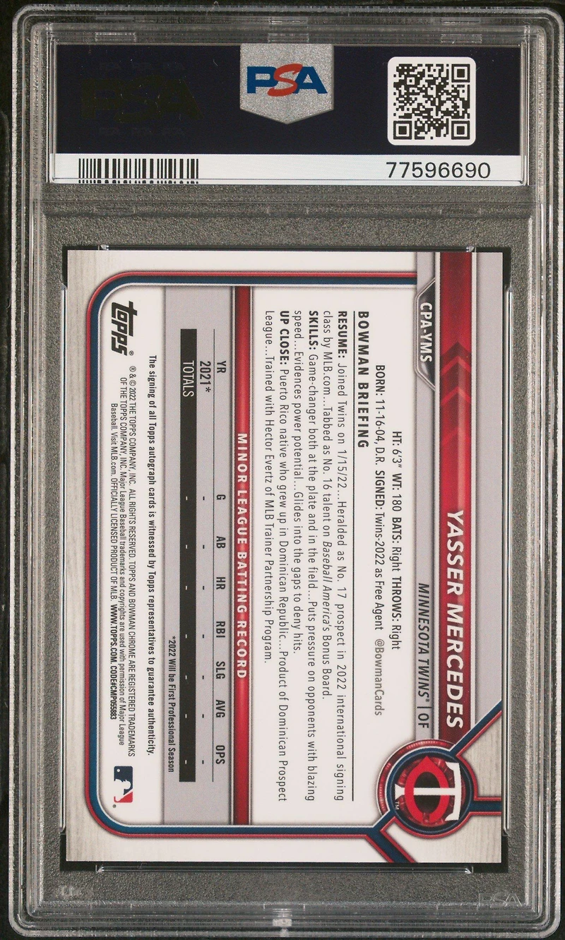 2022 Bowman Chrome Prospect Autographs Cpayms Yasser Mercedes PSA