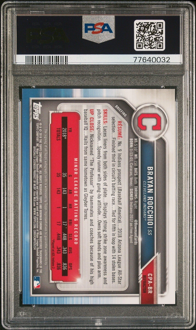 2019 Bowman Chrome Prospects Autographs Cpabr Brayan Rocchio Refractor PSA 10