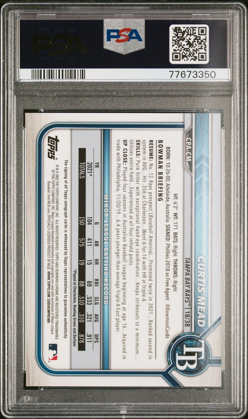 2022 Bowman Chrome Prospect Autographs Cpacm Curtis Mead PSA 10