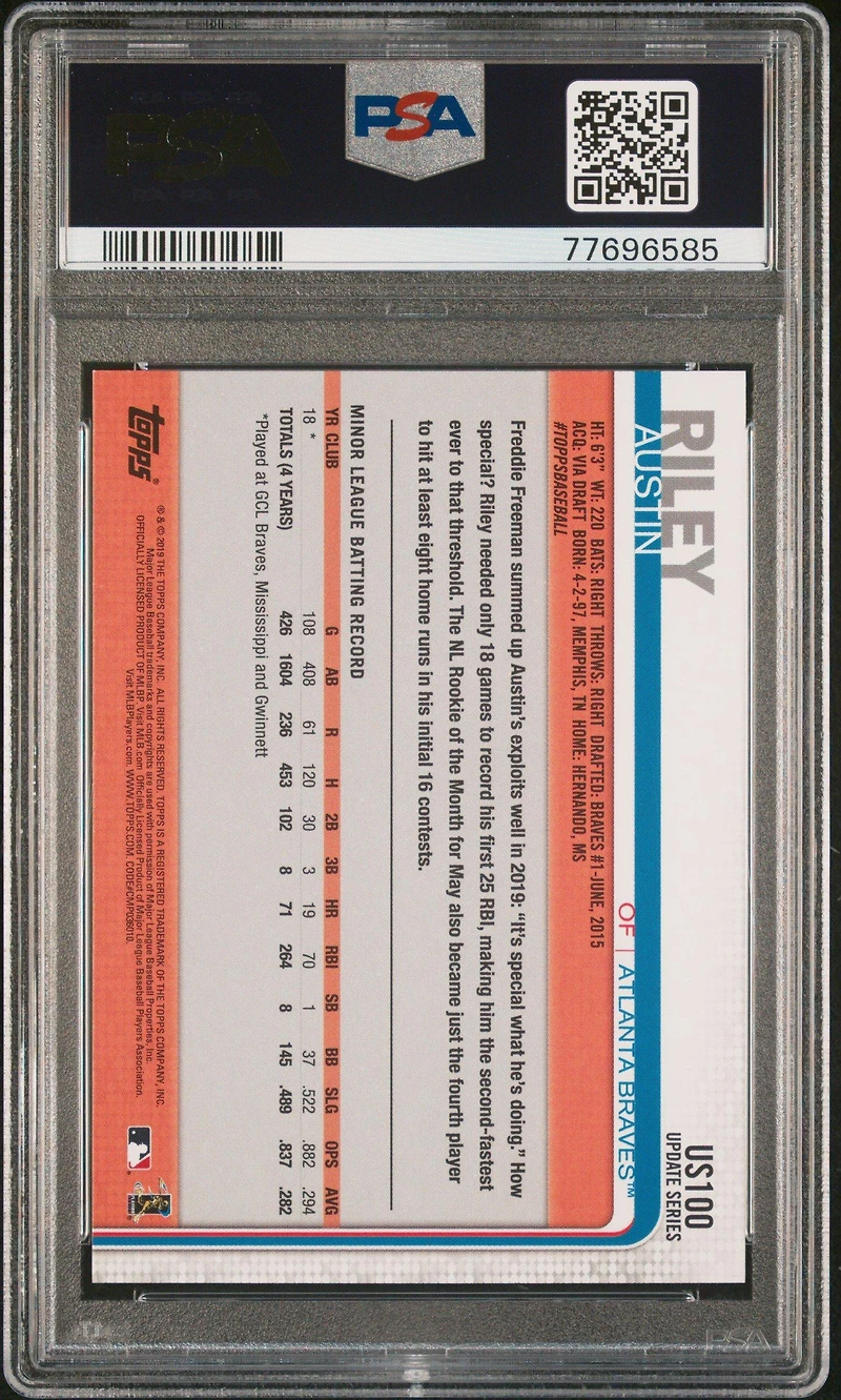 2019 Topps Update Us100 Austin Riley Batting-yellow PSA 9