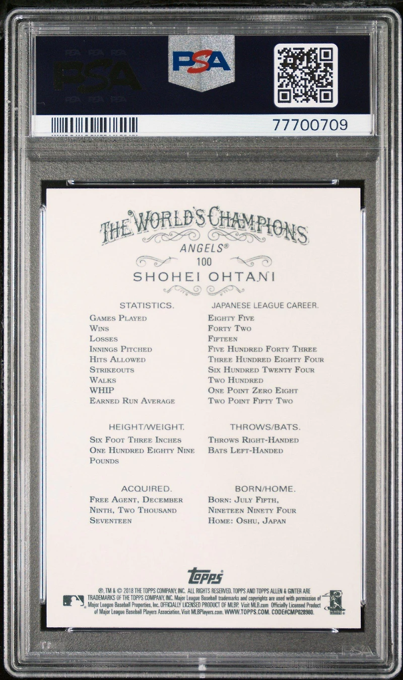 2018 Topps Allen & Ginter 100 Shohei Ohtani Silver Glossy PSA 10