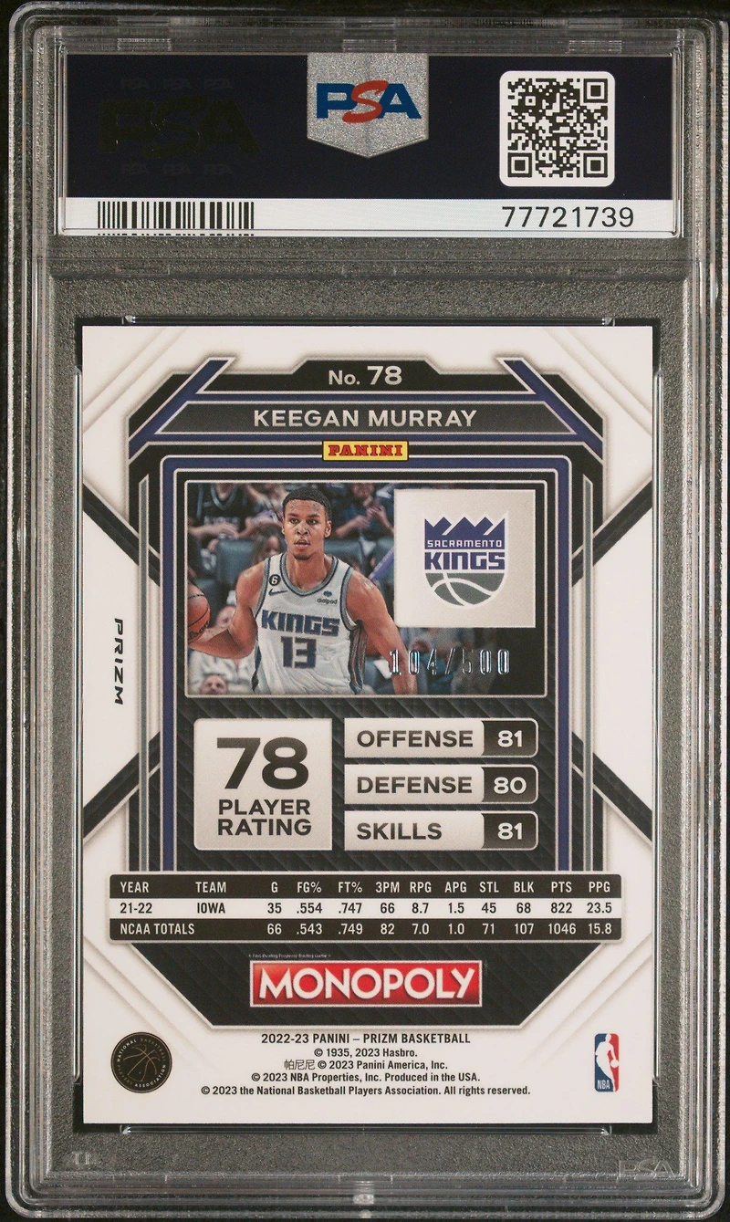 2022 Panini Prizm Monopoly 78 Keegan Murray PSA 10