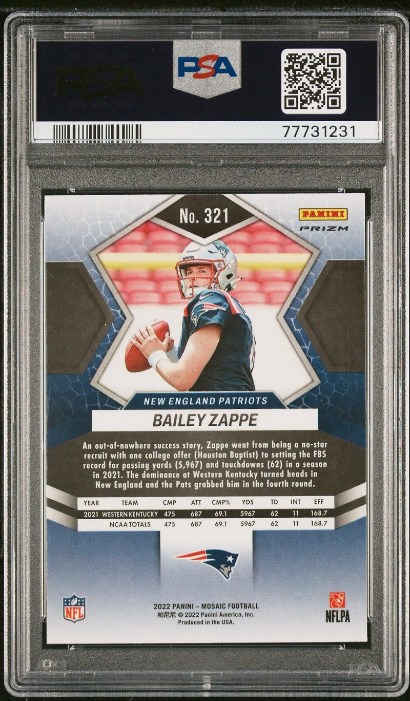 2022 Panini Mosaic 321 Bailey Zappe Red Sparkle PSA 10