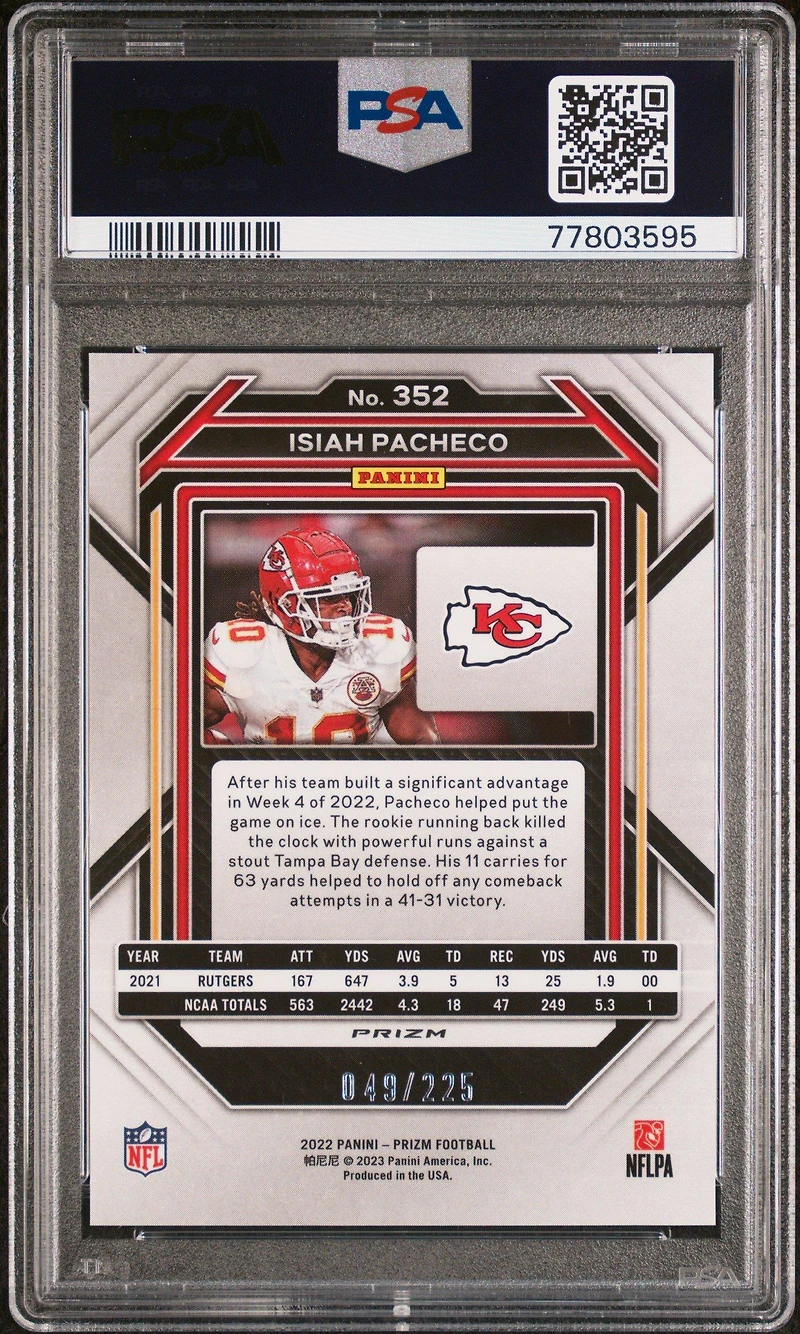 2022 Panini Prizm 352 Isiah Pacheco Purple Ice PSA 9