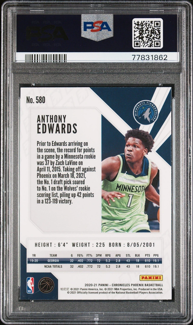 2020 Panini Chronicles 580 Anthony Edwards Silver PSA 9