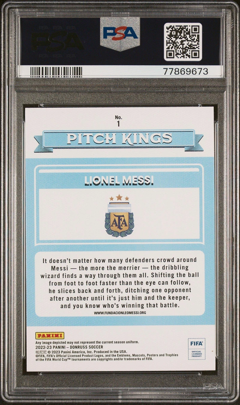 2022 Panini Donruss Fifa Pitch Kings 1 Lionel Messi PSA 10
