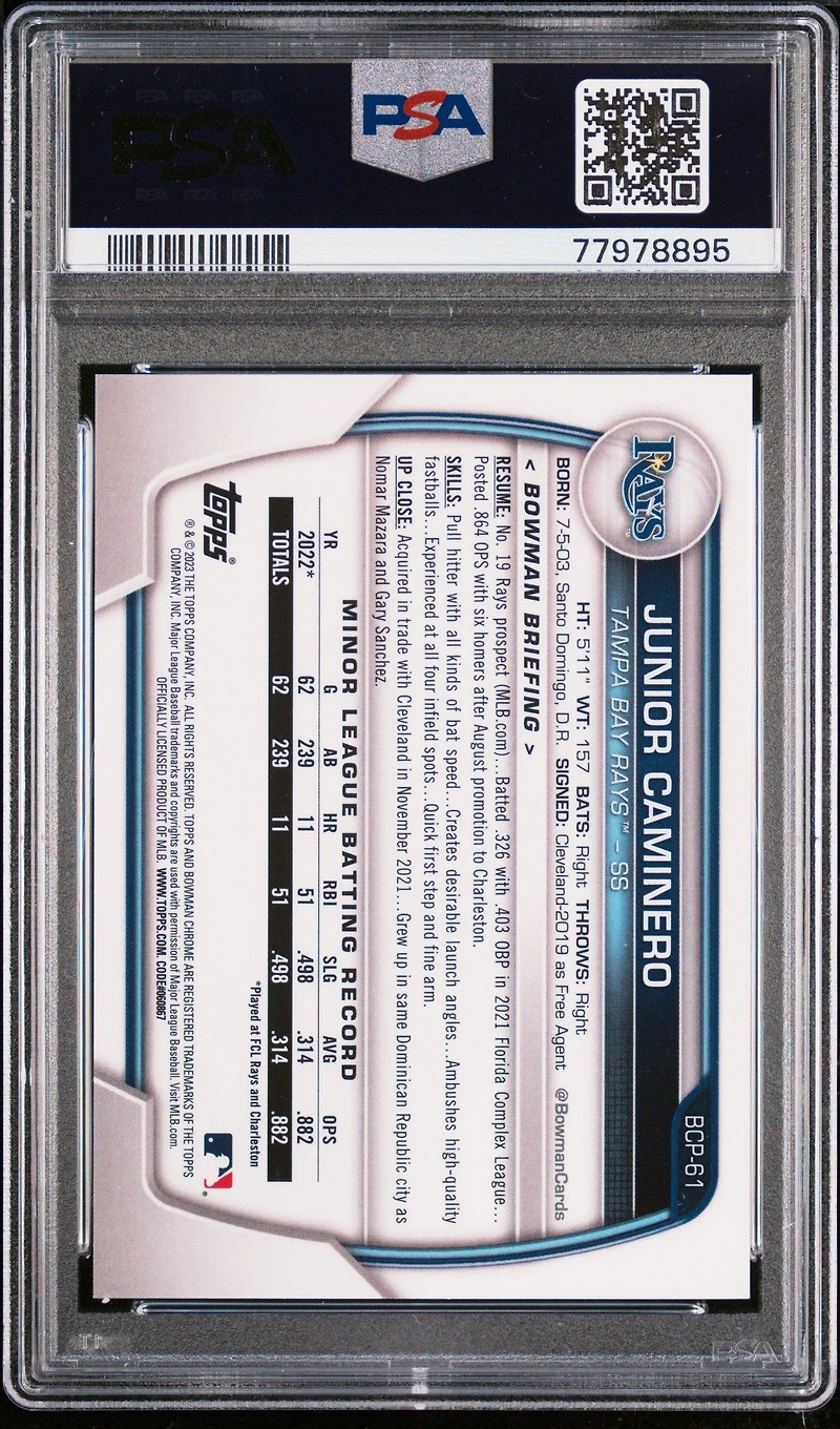 2023 Bowman Mega Box Chrome 61 Junior Caminero Yellow Refractor PSA 9