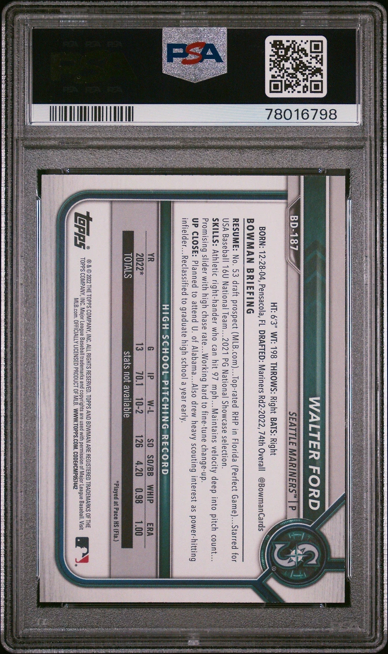 2022 Bowman Draft 1st Edition 187 Walter Ford Gold Foil PSA 10