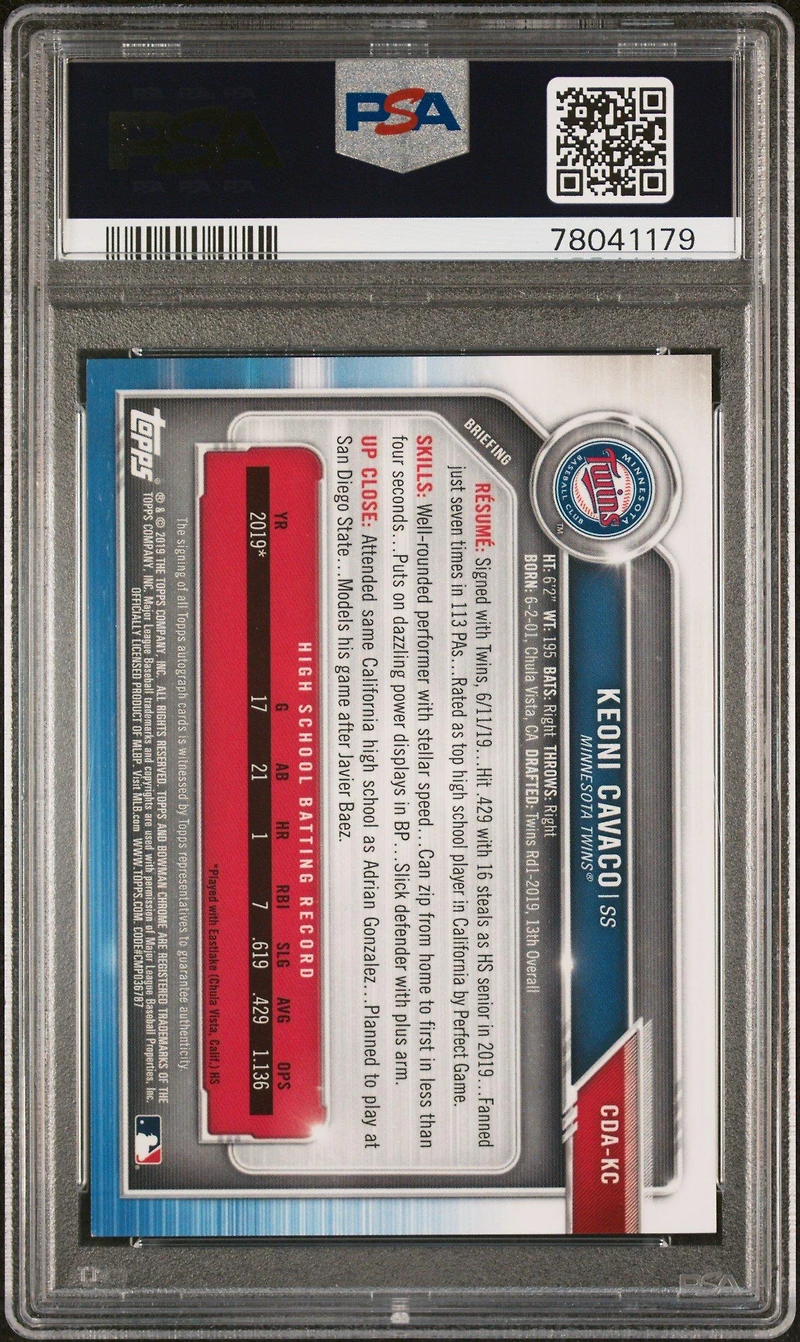 2019 Bowman Draft Chrome Draft Picks Autograph Cdakc Keoni Cavaco Gold Wave Refractor PSA 9