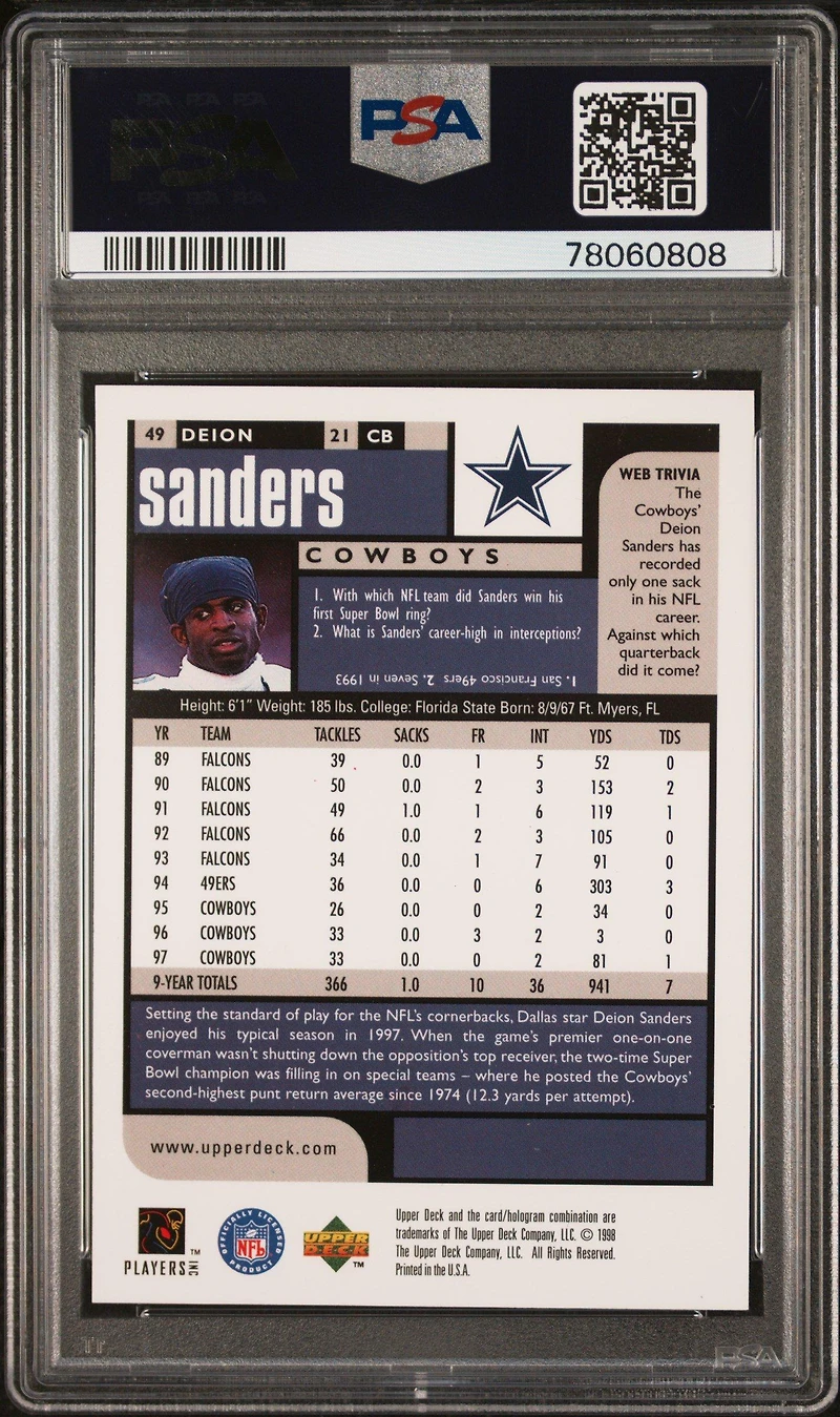 1998 Ud Choice 49 Deion Sanders PSA 10