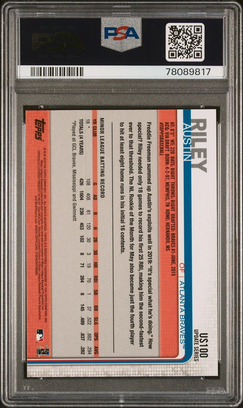 2019 Topps Update Us100 Austin Riley Jumping PSA 10