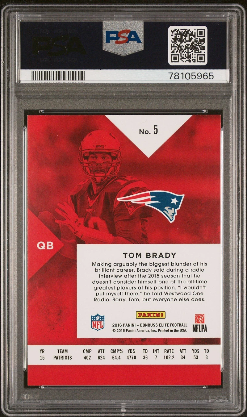 2016 Panini Donruss Elite 5 Tom Brady PSA 9