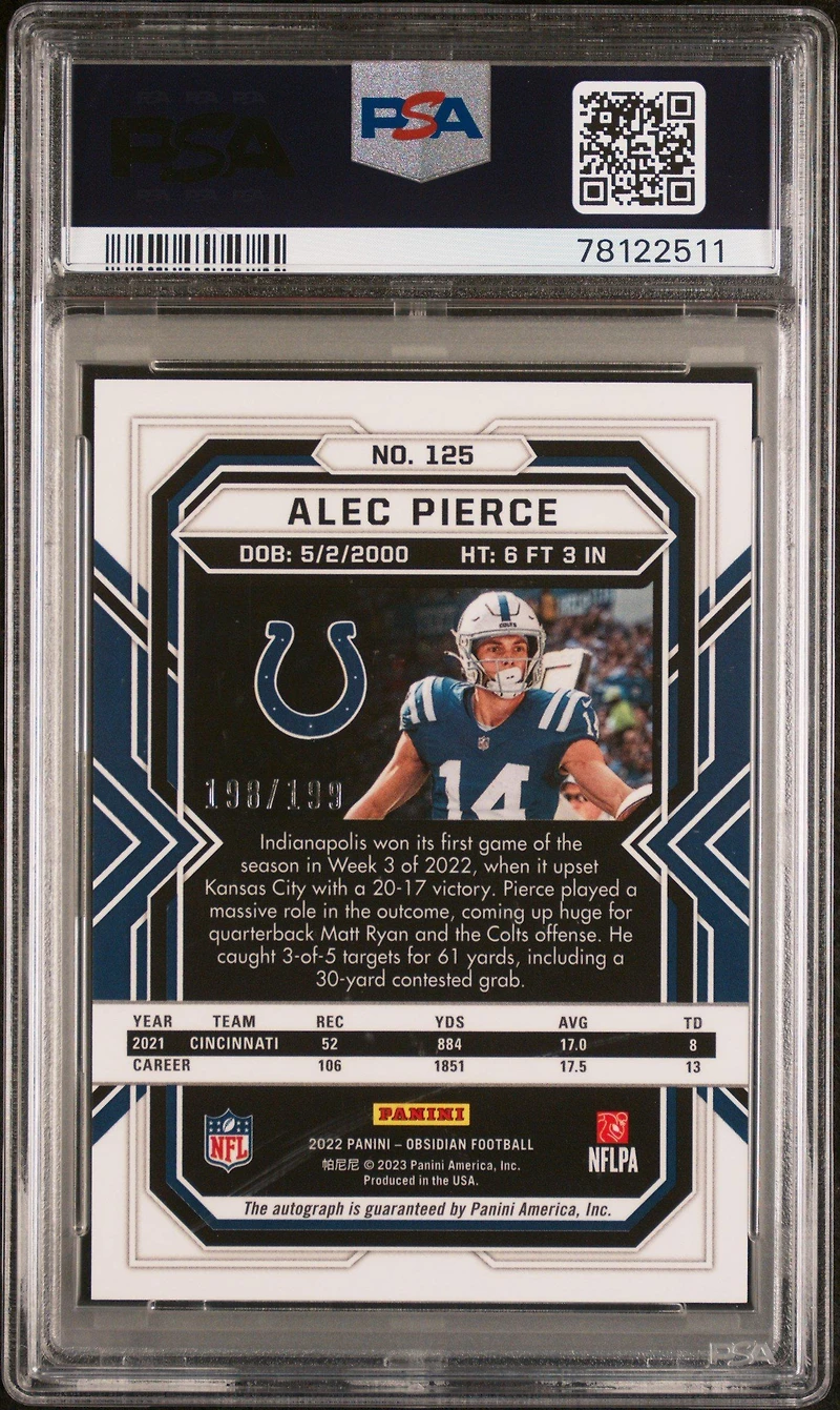 2022 Panini Obsidian 125 Alec Pierce Autograph PSA 10