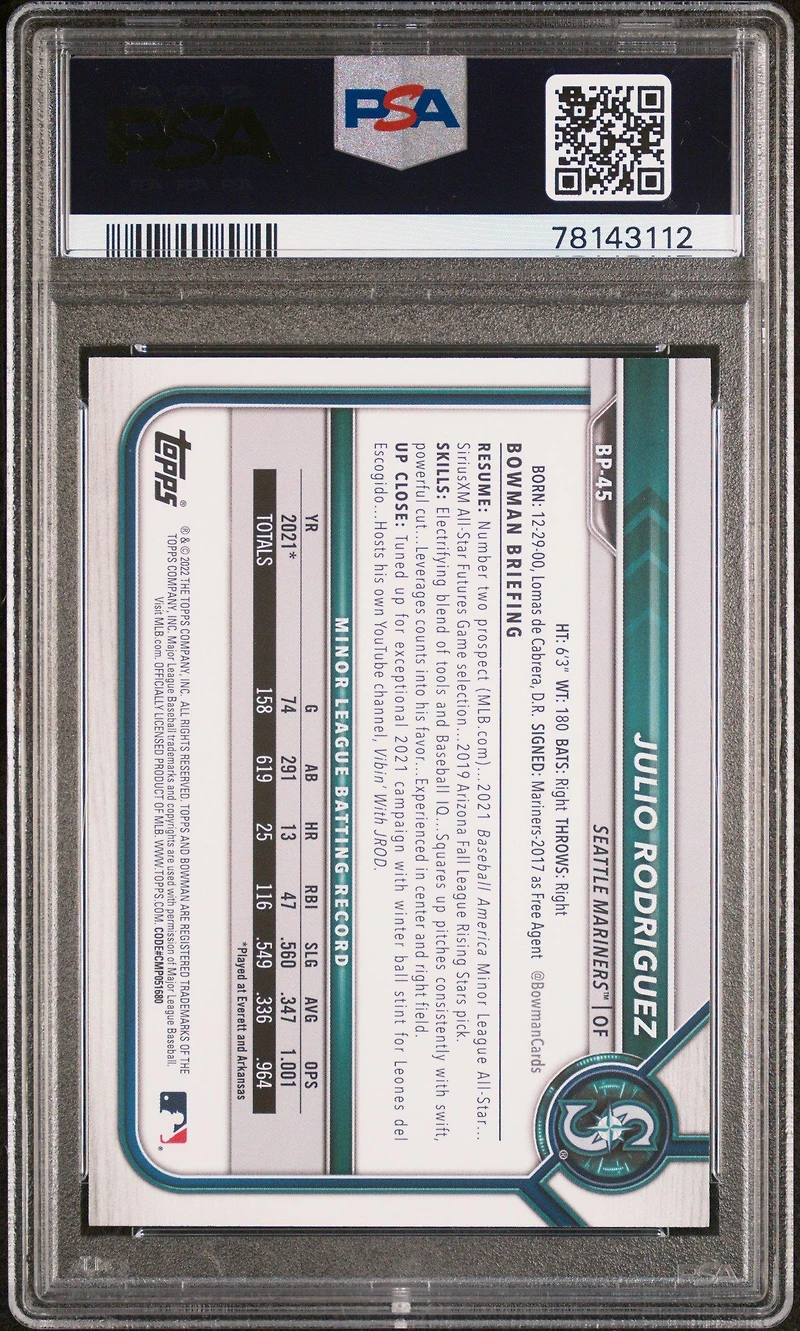 2022 Bowman Paper Prospects Bp45 Julio Rodriguez Sky Blue PSA 9