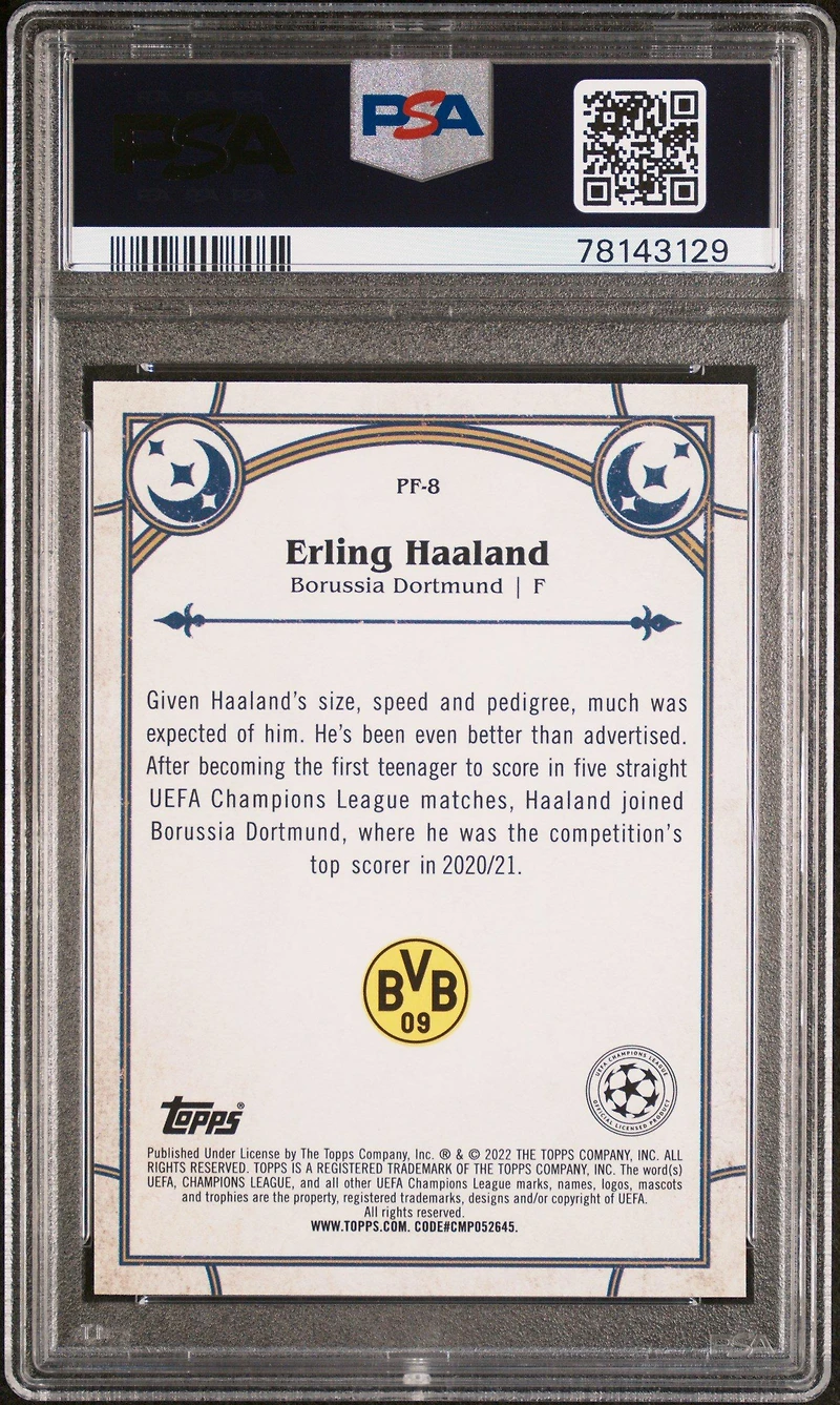 2021-2022 Topps Merlin Chrome Uefa League Prophecy Fulfilled Pf8 Erling Haaland PSA 10