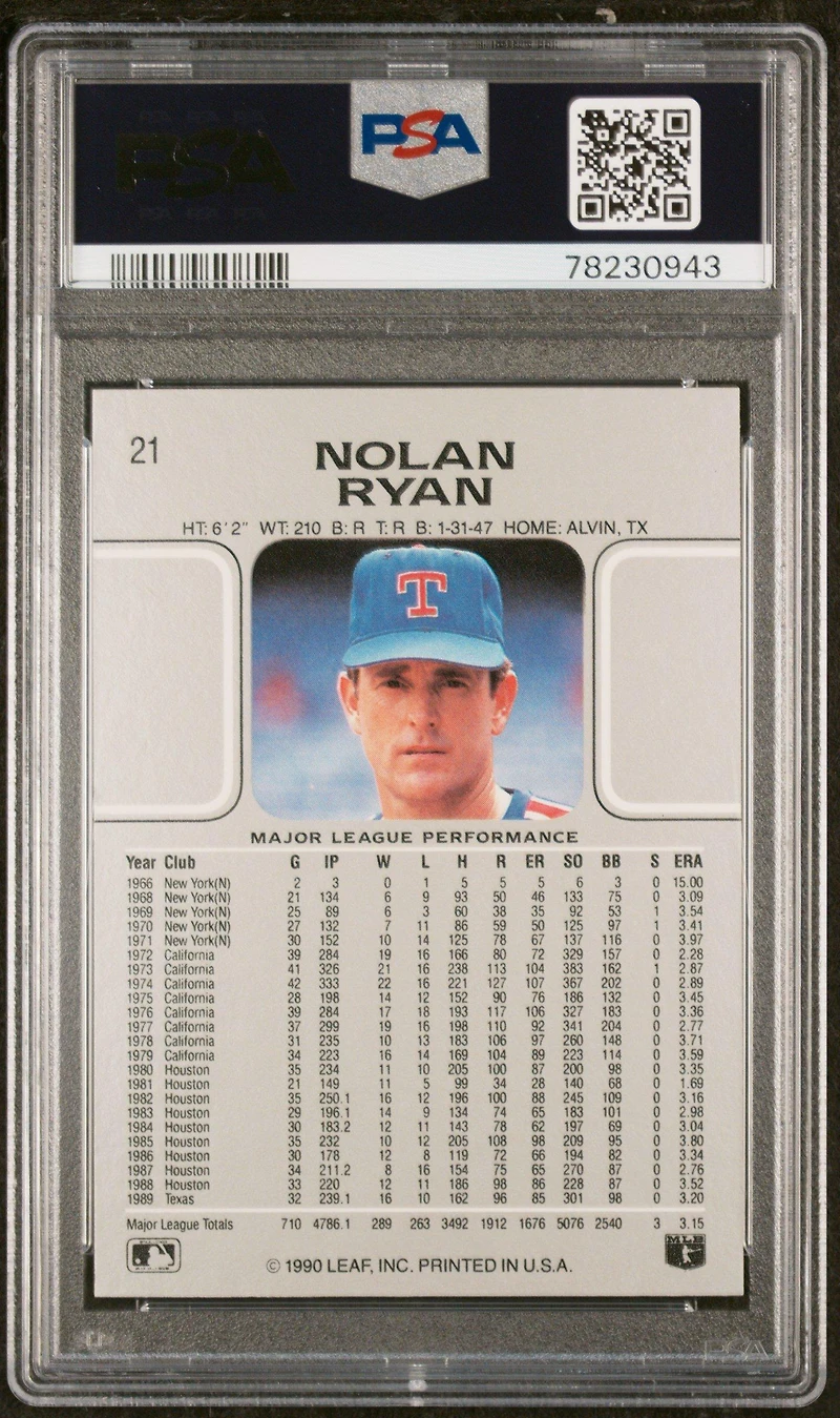 1990 Leaf 21 Nolan Ryan PSA 9