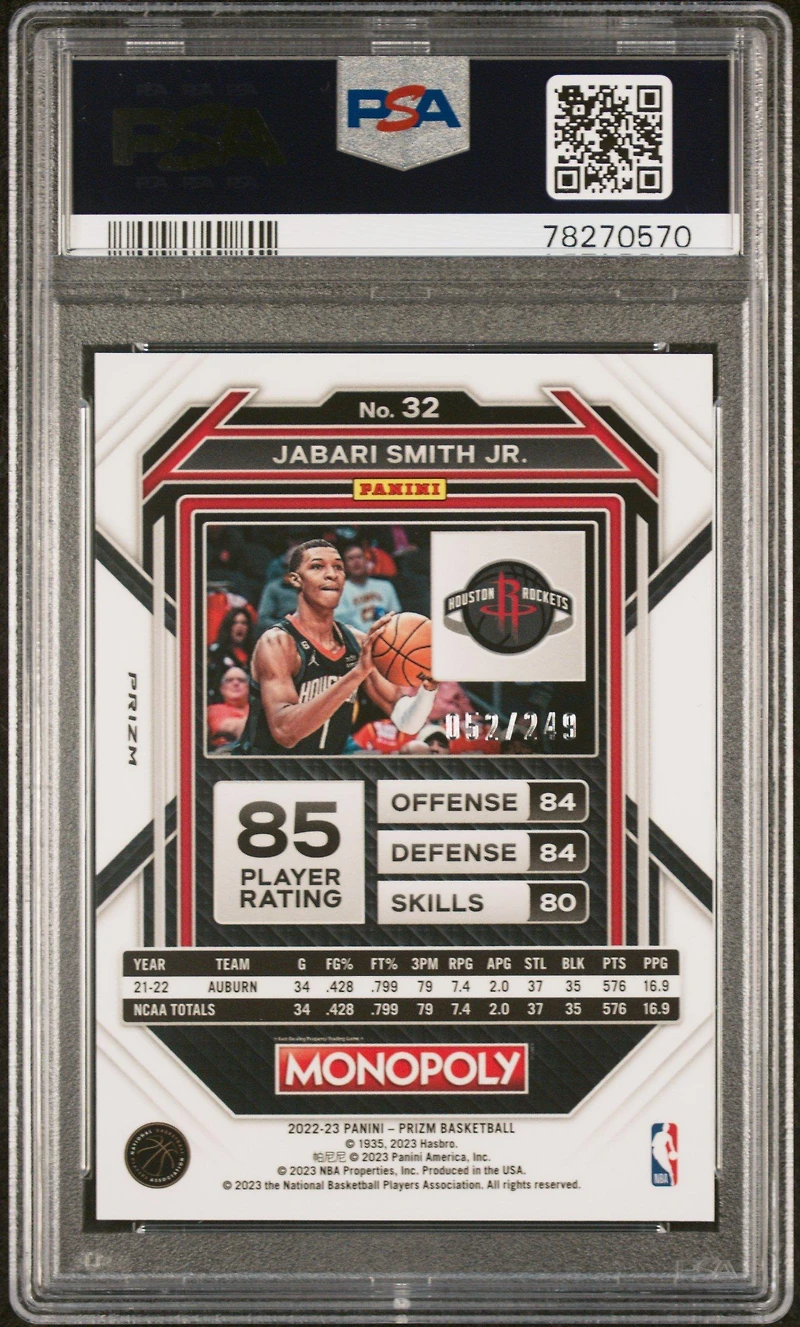 2022 Panini Prizm Monopoly 32 Jabari Smith Jr. Brown Prizm PSA 10