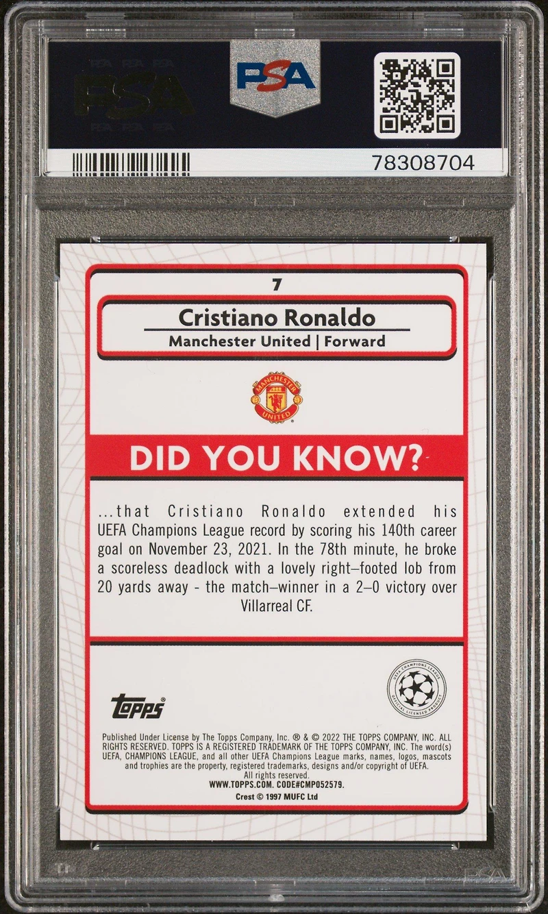 2021-2022 Topps Merlin Chrome Uefa League 7 Cristiano Ronaldo Aqua Prism Refractor PSA 10
