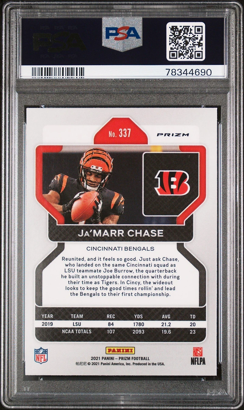 2021 Panini Prizm 337 Ja’marr Chase Red/white/blue Prizm PSA 10
