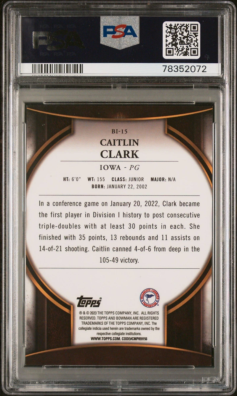 2022 Bowman Chrome University Bowman Invicta Bi15 Caitlin Clark PSA 9