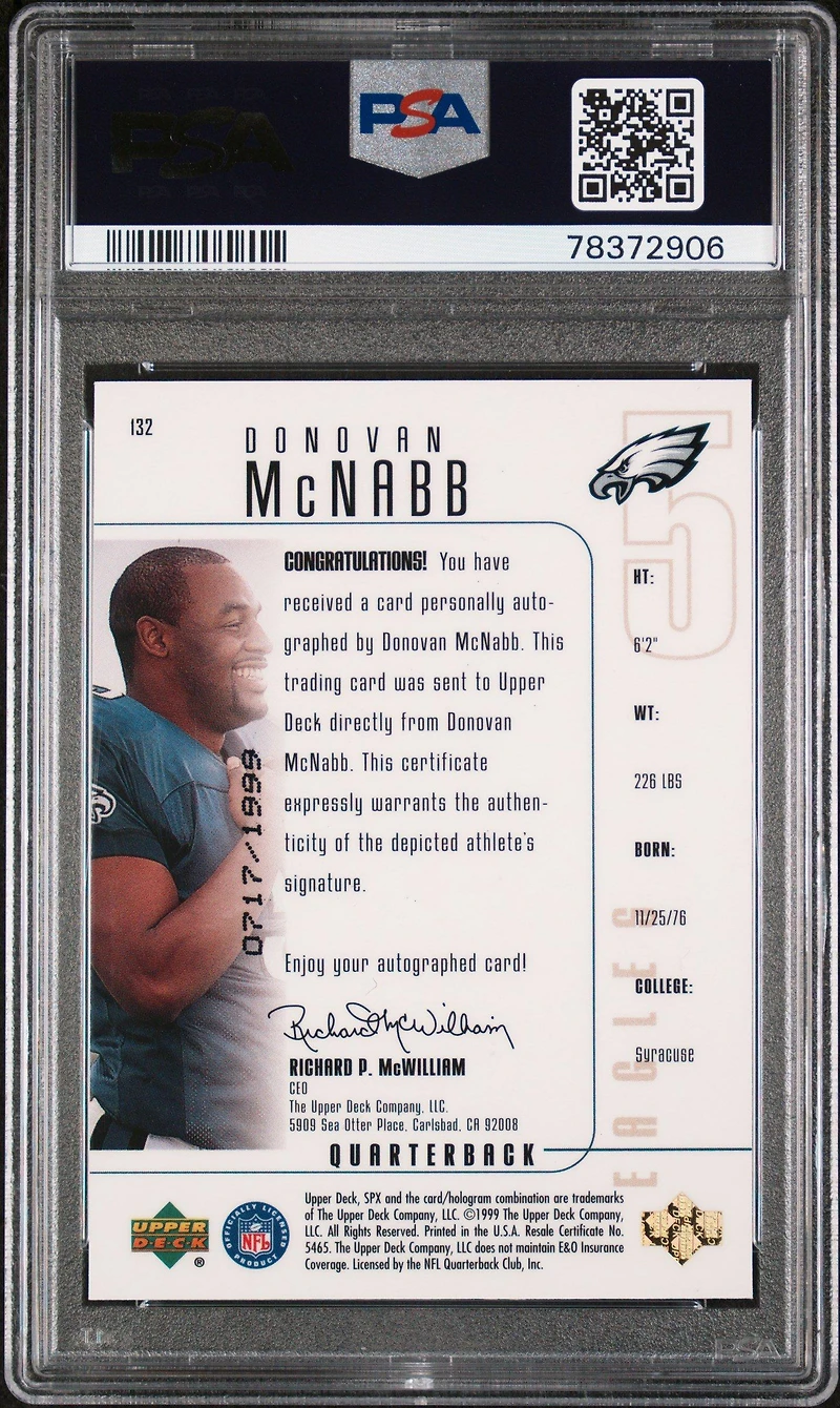 1999 Spx 132 Donovan Mcnabb Autographed PSA 9