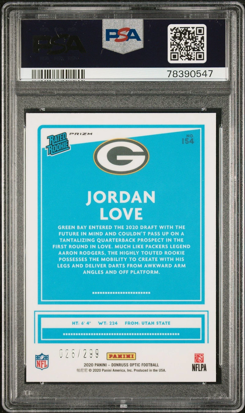 2020 Panini Donruss Optic 154 Jordan Love Aqua PSA