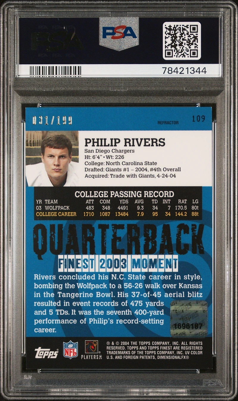 2004 Finest 109 Philip Rivers Autograph-refractor PSA 9
