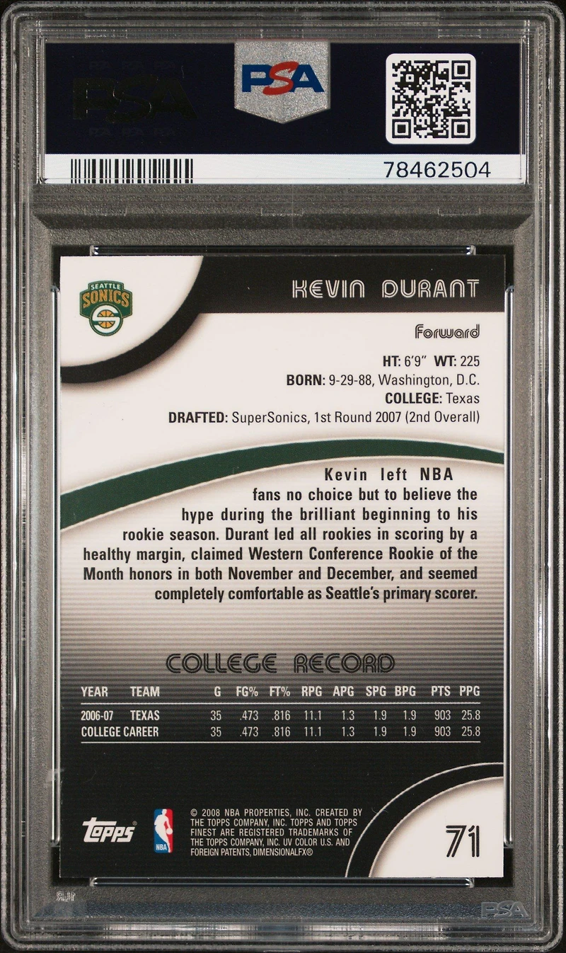 2007 Finest 71 Kevin Durant PSA 10