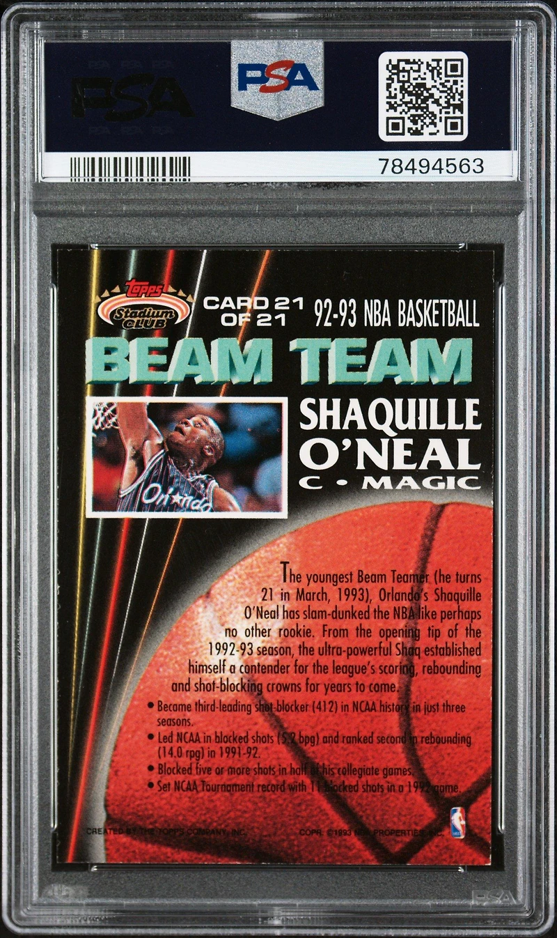 1992 Stadium Club Beam Team 21 Shaquille O'neal Members Only PSA 8