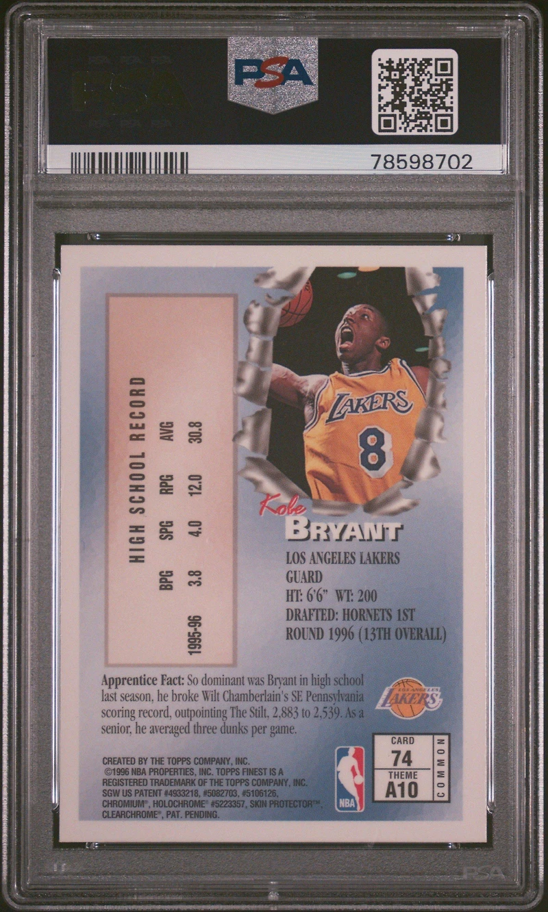 1996 Finest 74 Kobe Bryant W/coating PSA 9