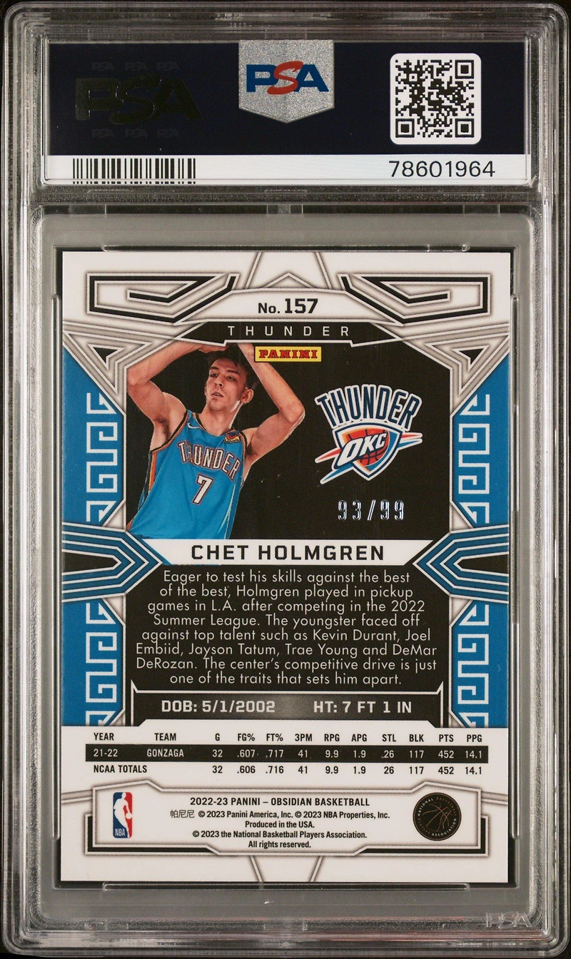 2022 Panini Obsidian 157 Chet Holmgren Electric Etch Purple PSA 10