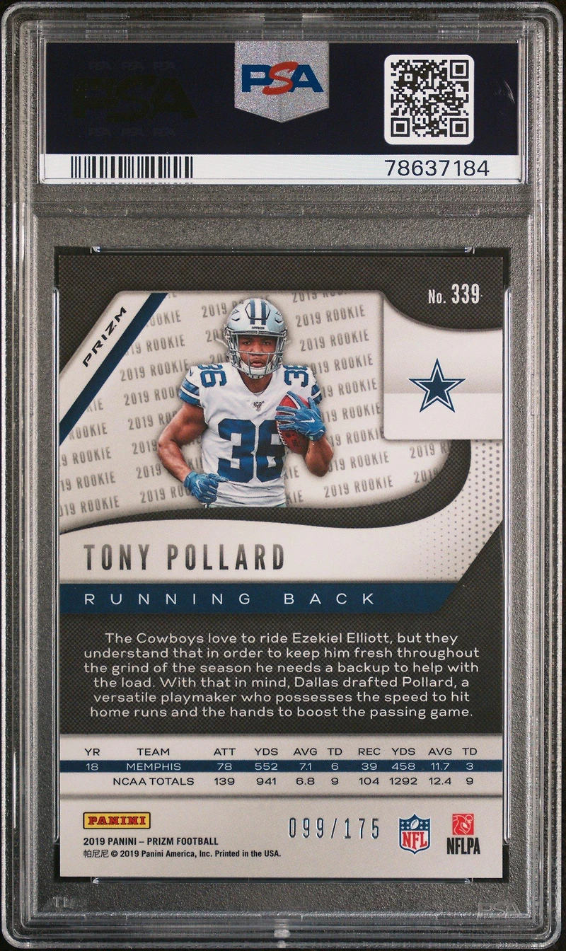 2019 Panini Prizm 339 Tony Pollard Hyper Prizm PSA 10