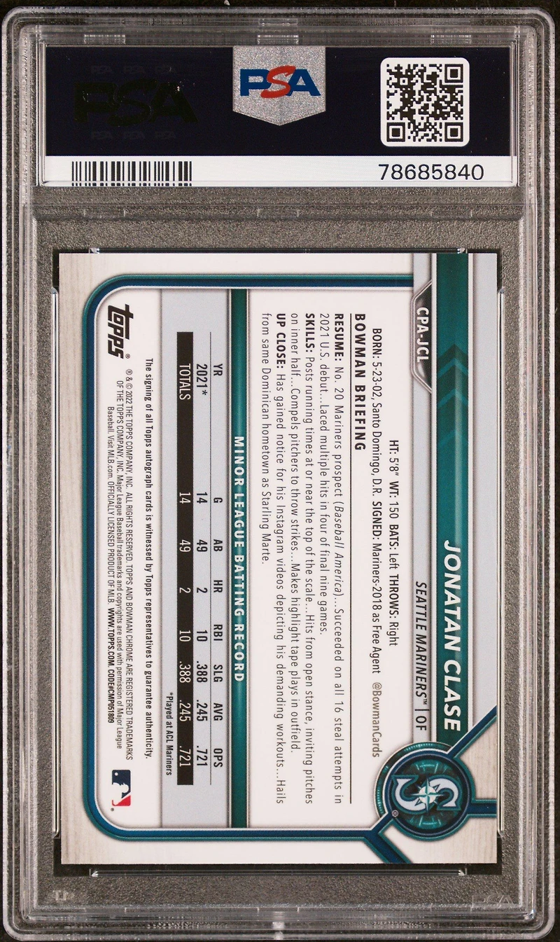 2022 Bowman Chrome Prospect Autographs Cpajcl Jonatan Clase PSA 10